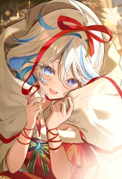 1girl :d absurdres ahoge alternate_costume blanket blue_eyes blue_gem blue_hair blush bow brooch commentary_request dress fur-trimmed_dress fur_trim furina_(genshin_impact) gem genshin_impact green_bow hair_between_eyes hair_ribbon heterochromia highres jewelry kokonex looking_at_viewer multicolored_hair nail_polish neck_ribbon off-shoulder_dress off_shoulder open_mouth purple_eyes red_dress red_nails ribbon santa_costume santa_dress short_hair signature smile solo sparkle streaked_hair two-tone_hair upper_body white_hair wrist_ribbon