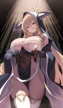 1girl absurdres azur_lane balanche bare_shoulders black_gloves black_veil blonde_hair breasts candle candlestand cleavage closed_mouth commentary_request covered_navel cross dress gloves hair_between_eyes half_gloves highleg highleg_panties highres holding_candlestand horns huge_breasts implacable_(azur_lane) long_bangs long_hair long_hair_between_eyes looking_at_viewer nun off_shoulder panties panty_straps pelvic_curtain red_eyes skindentation smile solo thick_thighs thighhighs thighs underwear veil very_long_hair white_thighhighs