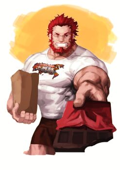 Rule 34 | 1boy, absurdres, bara, beard, chocolate, cowboy shot, facial hair, fate/grand order, fate (series), highres, iskandar (casual wear) (fate), iskandar (fate), large pectorals, looking at viewer, male focus, muscular, one eye closed, pectorals, print shirt, red hair, shirt, shorts, simple background, smile, solo, t-shirt, teeth, traver009, upper body, valentine
