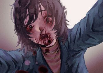 1girl anya_(mouthwashing) black_eyes black_hair blood blood_from_mouth blood_on_face blue_jumpsuit commentary_request jumpsuit long_sleeves medium_hair mouthwashing nosebleed open_mouth pony_express_uniform raised_eyebrows shirt solo tanaka_ruuchin tears wet_lens