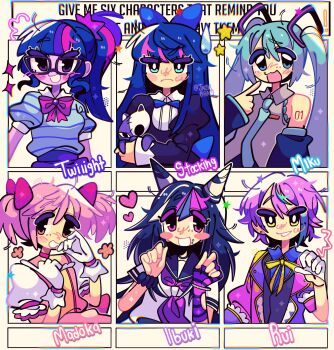 1boy 5girls aqua_eyes aqua_hair bad_id bad_twitter_id blue_hair blush_stickers color_connection colored_skin danganronpa_(series) danganronpa_2:_goodbye_despair glasses hair_horns hatsune_miku highres holding holding_stuffed_toy honekoneko_(psg) humanization jack0ran kamishiro_rui kaname_madoka kaname_madoka_(magical_girl) long_hair mahou_shoujo_madoka_magica mioda_ibuki multicolored_hair multiple_drawing_challenge multiple_girls my_little_pony my_little_pony:_equestria_girls my_little_pony:_friendship_is_magic panty_&amp;_stocking_with_garterbelt pink_eyes pink_hair pink_streaks ponytail project_sekai purple_eyes purple_skin short_twintails six_fanarts_challenge stocking_(psg) streaked_hair stuffed_animal stuffed_cat stuffed_toy twilight_sparkle twilight_sparkle_(human) twintails vocaloid