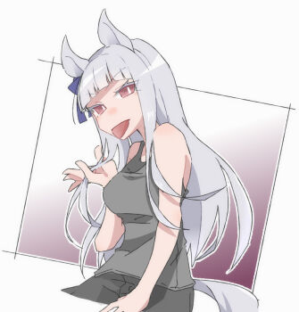 Rule 34 | 1girl, alternate costume, animal ears, bare arms, bare shoulders, beer hsk, black pants, blue bow, bow, breasts, brown eyes, colored eyelashes, commentary request, ear bow, gold ship (umamusume), gradient background, grey hair, grey tank top, horse ears, horse girl, horse tail, large breasts, long hair, outline, pants, purple background, solo, tail, tank top, umamusume, v-shaped eyebrows, very long hair, white background, white outline