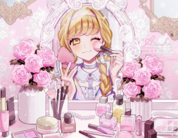 1girl ;3 applying_makeup applying_own_makeup blonde_hair blue_choker blush braid choker closed_mouth commentary cosmetics flower fujita_kotone gakuen_idolmaster grey_shirt heart heart_choker highres idolmaster long_hair looking_at_viewer mirror one_eye_closed pink_flower pink_rose portrait rose shine_asahi shirt smile solo symbol-only_commentary twin_braids watermark yellow_eyes