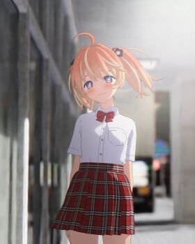 +_+ 1girl 3d ahoge arms_at_sides blender_(medium) blonde_hair blurry blurry_background bow bowtie breast_pocket bright_pupils buttons cel_rendering closed_mouth collared_shirt cowboy_shot day dress_shirt flower hair_flower hair_ornament highres light_smile looking_at_viewer medium_hair medium_skirt multicolored_eyes multicolored_hair orange_hair outdoors pink_eyes plaid_clothes plaid_skirt pleated_skirt pocket purple_eyes red_bow red_bowtie red_skirt rinne_(rinrinne) rinrinne rinrinne39_(artist) school_uniform shirt shirt_tucked_in short_sleeves skirt solo standing streaked_hair two_side_up virtual_youtuber white_pupils white_shirt