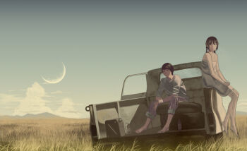 Rule 34 | 1boy, 1girl, bad feet, bad id, bad pixiv id, black hair, bottle, braid, cloud, commentary, couple, crescent moon, feet, gas can, grass, hetero, jerry can, moon, motor vehicle, original, pickup truck, plain, shiira, short twintails, sitting, truck, twintails, unused tire