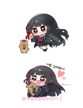 1girl :3 arm_cutout black_hair black_jacket black_serafuku black_shirt black_skirt blush capybara chisa_(wuthering_waves) closed_mouth clothing_cutout commentary heart highres holding hue_oo jacket long_hair mole mole_under_eye multiple_views neckerchief open_mouth red_eyes red_neckerchief sailor_collar school_uniform serafuku shirt simple_background skirt symbol-only_commentary twitter_username very_long_hair white_background white_sailor_collar wuthering_waves