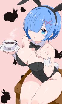 1girl :o animal_ears bare_legs bare_shoulders black_bow black_bowtie black_hairband black_leotard blue_eyes blue_hair blush bow bowtie breasts cleavage coffee collar collarbone commentary_request covered_navel cup detached_collar fake_animal_ears fake_tail hair_ornament hair_over_one_eye hairband heart highleg highres holding holding_plate large_breasts leotard looking_at_viewer open_mouth pink_background plate playboy_bunny rabbit rabbit_ears rabbit_tail re:zero_kara_hajimeru_isekai_seikatsu rem_(re:zero) remnia short_hair simple_background sitting solo steam strapless strapless_leotard tail thighs white_collar wrist_cuffs x_hair_ornament