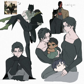 bat_signal batman batman_(series) batman_symbol black_cape black_hair bodysuit breasts bruce_wayne cape cowl damian_wayne dc_comics dick_grayson english_text genderswap genderswap_(mtf) grey_bodysuit hashtag-only_commentary highres jason_todd large_breasts long_hair minjmingg multicolored_bodysuit multiple_girls muscular muscular_female open_mouth red_hood_(dc) robin_(dc) short_hair simple_background superhero_costume taut_bodysuit two-tone_bodysuit