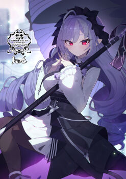 1girl ahoge black_pantyhose black_skirt breasts brooch commentary cowboy_shot dress frilled_dress frills gem high-waist_skirt highres holding holding_umbrella jewelry large_breasts long_hair long_sleeves looking_at_viewer matsumoto_tomoyohi mole mole_under_eye own_hands_clasped own_hands_together pantyhose parted_bangs parted_lips pointy_ears purple_gemstone purple_hair purple_umbrella red_eyes skirt solo umbrella vivian_banshee white_dress zenless_zone_zero