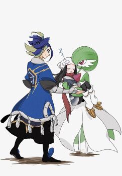Rule 34 | 1boy, 1girl, 1other, adaman (pokemon), akari (pokemon), arm wrap, black hair, black pantyhose, black sash, blue coat, blue hair, blush, bob cut, brown eyes, carrying, carrying person, closed eyes, closed mouth, coat, cocoa s3, colored skin, commentary request, galaxy team survey corps uniform, gardevoir, gen 3 pokemon, green hair, hand wraps, headscarf, highres, holding, jacket, long hair, multicolored hair, nintendo, pantyhose, pokemon, pokemon (creature), pokemon legends: arceus, ponytail, princess carry, red eyes, red scarf, sash, scarf, shirt, shoes, sidelocks, simple background, sleeping, smile, socks, white headscarf, white skin, white socks, zzz