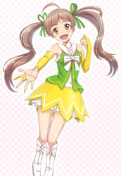 Rule 34 | 1girl, ahoge, bare shoulders, blush, boots, bow, bowtie, breasts, bridal gauntlets, brown eyes, brown hair, checkered background, clenched hand, dan (orange train), dot nose, floating hair, full body, gradient background, green ribbon, green shirt, hair bow, hair ribbon, hakozaki serika, idolmaster, idolmaster million live!, idolmaster million live! theater days, knee boots, long hair, looking at viewer, open hand, open mouth, pink background, pom pom (clothes), reaching, reaching towards viewer, ribbon, shirt, skirt, sleeveless, sleeveless shirt, small breasts, smile, solo, standing, twintails, very long hair, vital sunflower (idolmaster), white bow, white bowtie, white footwear, yellow skirt