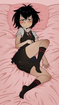 1girl absurdres ass bad_tag bed black_hair blush cameltoe disney feet full_body highres into_the_spider-verse legs loli looking_at_viewer marvel medium_hair messy_hair on_bed peni_parker pillow shirt skirt socks solo spicy_bardo spider-man:_into_the_spider-verse spider-man_(series) spider-verse sweat thighs