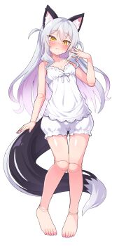 1girl animal_ears barefoot bloomers blush breasts camisole commentary_request crotch_seam doll_joints embarrassed fang fang_out gradient_hair grey_hair highres joints long_hair looking_at_viewer multicolored_hair nose_blush original pink_hair simple_background skin_fang small_breasts smile sweatdrop tail two-tone_hair two_side_up ug_(nekonekodou) underwear underwear_only white_background white_bloomers white_camisole yellow_eyes