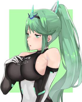 1girl armor bare_shoulders breasts commentary elbow_gloves female_focus gem gloves green_background green_eyes green_hair hair_ornament headpiece j@ck jewelry large_breasts long_hair matching_hair/eyes nintendo open_mouth pneuma_(xenoblade) ponytail sideboob simple_background solo spoilers swept_bangs tiara very_long_hair white_background xenoblade_chronicles_(series) xenoblade_chronicles_2
