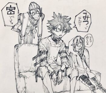 Rule 34 | highres, hood, hood up, hoodie, japanese text, mask, original, sitting, sketch, speech bubble, traditional media, urana kei