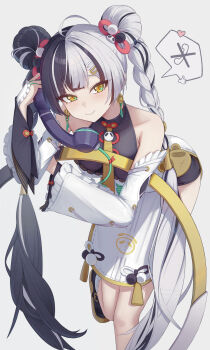 1girl absurdres ahoge animal_print bare_shoulders bear_print black_hair braid braided_twintails chakram china_dress chinese_clothes closed_mouth collarbone commentary_request corded_phone cowboy_shot detached_sleeves dialyn_(zenless_zone_zero) double_bun dress earrings hair_bun hair_extensions hair_intakes hair_ornament highres holding holding_phone icetea_art jewelry leaning_on_weapon long_hair multicolored_hair necktie panda_hair_ornament panda_print pelvic_curtain phone ring_hair_extensions simple_background smile solo split-color_hair spoken_object standing standing_on_one_leg weapon white_background white_dress white_hair wire yellow_eyes yellow_necktie zenless_zone_zero