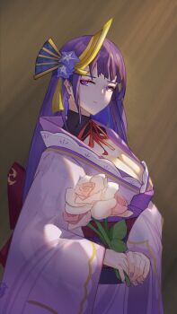 1girl absurdres alternate_costume back_bow bow breasts brown_background cleavage closed_mouth commentary_request electro_symbol_(genshin_impact) eyeliner eyeshadow fan_hair_ornament flower flower_ornament genshin_impact hat hat_flower highres holding huge_breasts japanese_clothes kimono kirin_(kirin26497823) long_sleeves looking_at_viewer looking_to_the_side makeup mitsudomoe_(shape) neck_ribbon purple_eyes purple_kimono purple_nails raiden_shogun red_eyeliner red_eyeshadow red_ribbon red_sash ribbon sash shade solo tomoe_(symbol) wide_sleeves