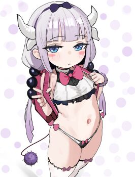 1girl absurdres backpack bag blue_eyes blush blush_stickers bow choker cinn_angl dragon_girl dragon_horns hair_bow highres horns kanna_kamui kobayashi-san_chi_no_maidragon loli looking_at_viewer navel panties polka_dot polka_dot_background purple_hair randoseru solo standing stomach tail thighhighs thighs underwear v white_choker white_thighhighs