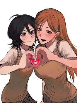2girls black_hair bleach breasts brown_eyes closed_mouth hair_ornament hairclip heart heart_hands heart_hands_duo highres inoue_orihime karakura_high_school_uniform kuchiki_rukia light_blush long_hair medium_hair multiple_girls open_mouth orange_hair ribbon school_uniform simple_background small_breasts snowflake_hair_ornament white_background wonhae10054523