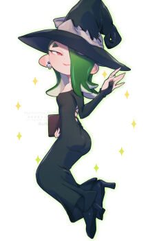 1girl ass book bridal_gauntlets dress earrings green_hair halloween_costume hand_up hat high_heels highres holding holding_book jewelry long_hair nintendo ring shiver_(splatoon) smile solo sparkle splatoon_(series) splatoon_3 tentacle_hair utfu333 white_background witch witch_hat