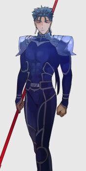 Rule 34 | 1boy, armor, belt, blue belt, blue bodysuit, blue hair, bodysuit, clenched hand, closed mouth, commentary request, covered abs, covered pectorals, cowboy shot, cu chulainn (fate), cu chulainn (fate/stay night), cu chulainn (lancer) (fate), earrings, fate/stay night, fate (series), fingernails, gae bolg (fate), half-closed eyes, highres, holding, holding polearm, holding weapon, jewelry, long hair, looking at viewer, low ponytail, male focus, muscular, muscular male, pectorals, polearm, ponytail, red eyes, ryousuke (tukr5384), shoulder armor, simple background, solo, spear, standing, weapon, white background
