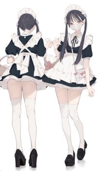 1girl ama_mitsuki apron black_dress black_hair black_ribbon commentary_request dress full_body highres long_hair maid maid_apron maid_headdress mask mouth_mask multiple_views neck_ribbon original ribbon simple_background standing surgical_mask twintails white_background white_mask