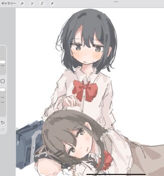 2girls adachi_sakura adachi_to_shimamura bag blue_hair blush brown_hair grey_hair hair_ornament hairclip highres ichiha_(ichi_u2) lap_pillow looking_at_another looking_down looking_up lying_on_another messy_hair multiple_girls open_mouth parallel_hairclips plaid_clothes plaid_skirt raised_eyebrows red_ribbon ribbon school_bag school_uniform screencap shimamura_hougetsu shirt simple_background sketch skirt smug sweatdrop wavy_mouth white_background white_shirt yuri