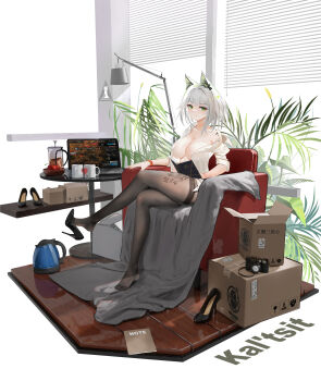 1girl absurdres animal_ear_fluff animal_ears arknights armchair bare_shoulders black_pantyhose black_shoes book box breasts cardboard_box cat_ears chair character_name chinese_commentary cleavage closed_mouth coffee_pot collarbone commentary_request computer couch crossed_legs cup dated earrings female_focus green_eyes high_heels highres holding holding_book indoors jewelry kal'tsit_(arknights) laptop large_breasts leaf looking_at_viewer material_growth medium_hair mole mole_on_breast mug no_bra off_shoulder on_couch open_book open_clothes open_shirt oripathy_lesion_(arknights) pantyhose patent_heels plant potted_plant pumps sabou_san-shitsu_kokoro see-through_clothes shirt shoes short_hair sitting sleeves_rolled_up smile solo stiletto_heels thighband_pantyhose thighs unworn_shoes water_boiler white_hair white_shirt wristband