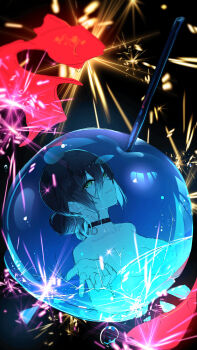 1girl black_choker black_hair breasts candy_apple chainsaw_man choker closed_mouth fireworks fish food goldfish grey_eyes hair_bun highres icenight nude reze_(chainsaw_man) small_breasts solo
