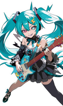 Rule 34 | 1girl, akai kuro, arm tattoo, black dress, black shoes, black thighhighs, blue bow, blue eyes, blue hair, blue nails, blue ribbon, bow, breasts, detached collar, detached sleeves, dress, electric guitar, fangs, footwear bow, gothic lolita, grin, guitar, hair ornament, hatsune miku, headset, heterochromia, holding, holding guitar, holding instrument, instrument, lightning bolt, lightning bolt hair ornament, lolita fashion, long hair, long sleeves, looking at viewer, musical note, nail polish, neck ribbon, red eyes, ribbon, shoes, shoulder tattoo, single thighhigh, small breasts, smile, sparkle, standing, strapless, strapless dress, tattoo, teeth, thighhighs, twintails, vocaloid, white background