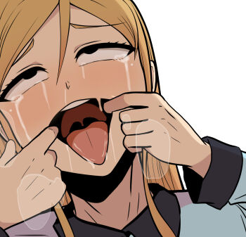 1girl ahegao blonde_hair blush commentary_request crying drooling galois hair_between_eyes heavy_breathing highres korean_commentary long_hair mouth_pull odyssey_(galois) open_mouth portrait raised_inner_eyebrows rolling_eyes seong_eun-ha sidelocks smile snot solo streaming_tears tears tongue tongue_out uvula