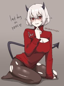 1girl artist_name black_horns blush bob_cut demon_girl demon_horns demon_tail hand_on_ground hand_on_own_chin helltaker highres horns k3nnyn3v looking_at_viewer malina_(helltaker) no_nut_november open-chest_sweater pantyhose seiza short_hair signature sitting sweater tail tearing_up torn_clothes torn_legwear white_hair
