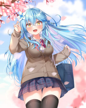 1girl aqua_nails bag black_thighhighs blue_hair blue_skirt blurry blurry_background blush bow bowtie breasts brown_sweater cherry_blossoms collared_shirt colored_tips commentary_request falling_petals fingernails hair_between_eyes highres hololive hoshino_reiji large_breasts long_hair long_sleeves looking_at_viewer multicolored_hair nail_polish open_mouth petals pink_petals plaid_clothes plaid_skirt red_bow school_bag shirt skirt sleeves_past_wrists smile solo sweater thick_thighs thighhighs thighs very_long_hair white_shirt yellow_eyes yukihana_lamy zettai_ryouiki
