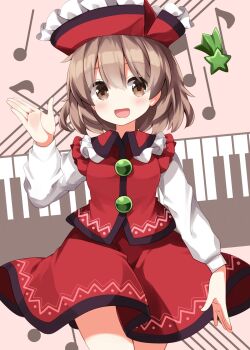 1girl :d blush brown_eyes brown_hair collared_vest commentary cowboy_shot frilled_hat frilled_shirt_collar frills hair_between_eyes hand_up hat highres long_sleeves looking_at_viewer lyrica_prismriver musical_note musical_staff open_mouth red_hat red_skirt red_vest ruu_(tksymkw) shirt shooting_star_(symbol) short_hair skirt skirt_set smile solo touhou vest white_shirt