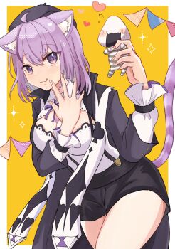 1girl 1other ahoge animal_ears beret black_hat black_jacket black_shorts border breasts cat_ears cat_girl cat_tail cleavage closed_mouth club_(shape) commentary_request flying_sweatdrops hair_between_eyes hands_up hat heart heart-shaped_pupils highres holding hololive jacket large_breasts layered_sleeves licking_lips long_sleeves mini_person nekomata_okayu nekomata_okayu_(wonderland) onigirya_(nekomata_okayu) open_clothes open_jacket orange_background pennant puffy_long_sleeves puffy_sleeves purple_eyes purple_hair shirt short_shorts shorts smile sparkle string_of_flags symbol-shaped_pupils tail tongue tongue_out usako_(umauma0602) virtual_youtuber white_border white_shirt