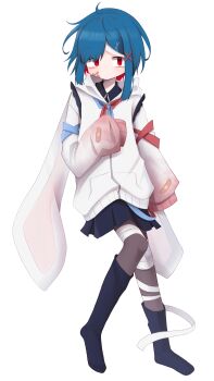 1girl absurdres animal_ears animal_hood bandaged_leg bandages bandaid bandaid_on_face black_skirt black_socks blue_hair fake_animal_ears flat_chest full_body gradient_sleeves grey_pantyhose highres hood hooded_jacket jacket looking_at_viewer nayane_blue no_mouth no_shoes non-web_source official_art pantyhose pleated_skirt rabbit_ears rabbit_hood red_eyes short_hair sidelocks simple_background skirt sleeves_past_wrists socks solo standing tachi-e transparent_background utau white_jacket xtrapolis100 zipper