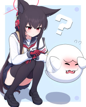 1girl animal_ears asuparuch black_hair black_thighhighs blue_archive blue_skirt blush boo_(mario) breasts commentary_request crossover fangs fox_ears full_body halo highres long_hair mario_(series) nintendo open_mouth red_eyes school_uniform skirt small_breasts thighhighs yukino_(blue_archive)