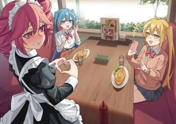 3girls absurdres akita_neru apron black_dress blonde_hair blue_eyes blue_hair blue_skirt booth_seating bow bowtie brown_cardigan cafe cardigan cardigan_around_waist cherry_tomato clothes_around_waist collared_shirt commentary diagonal-striped_bow diagonal-striped_bowtie diagonal-striped_clothes dress drill_hair earrings embarrassed food frilled_apron frills gukr4322 hair_between_eyes hatsune_miku heart heart_hands highres holding holding_phone indoors jewelry kasane_teto ketchup laughing long_hair long_sleeves maid maid_apron maid_cafe maid_headdress menu miniskirt multiple_earrings multiple_girls omelet omurice phone pink_eyes pink_hair pleated_skirt pointing pointing_at_another red_bow red_bowtie school_uniform shirt side_ponytail sidelocks sitting skirt smug striped_bow striped_bowtie striped_clothes swept_bangs taking_picture tomato triple_baka_(vocaloid) triple_ryuunen twin_drills twintails utau vocaloid white_shirt window yellow_eyes zako_(vocaloid)