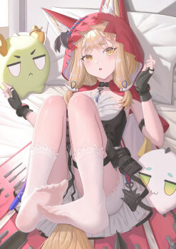 1girl absurdres animal_ear_fluff animal_ears arknights arknights:_endfield blonde_hair blush breasts cape collarbone commentary_request diamond-shaped_pupils diamond_(shape) dragon_bean_(arknights) dress ears_through_headwear fat123 fingerless_gloves fingernails gloves hand_up highres hood hood_up hooded_cape legs long_hair looking_at_viewer no_shoes on_bed open_mouth panties red_cape rossi_(arknights) sidelocks socks soles solo squeans symbol-shaped_pupils tail thighs underwear white_dress white_panties white_socks wolf_ears wolf_girl wolf_tail yellow_eyes