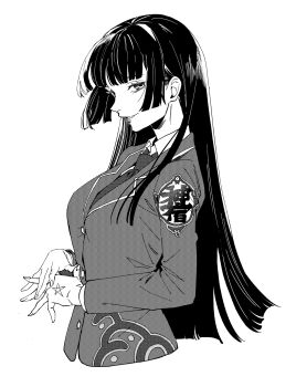 1girl blunt_bangs collared_shirt commentary_request cropped_torso fructua_kk greyscale hand_tattoo highres jacket lipstick long_hair long_sleeves looking_at_viewer makeup monochrome necktie own_hands_together parted_lips protagonist_2_(housamo) shirt sidelocks simple_background smile solo star_(symbol) tattoo tokyo_houkago_summoners white_background