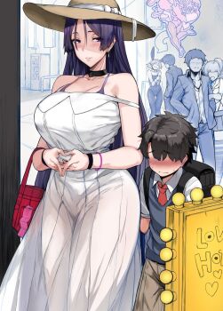 2channel 2girls 4boys age_difference aged_down alternate_costume animal_ears astolfo_(fate) backpack bag black_hair blush breasts choker collarbone commentary condom condom_packet_strip condom_wrapper cosplay crossdressing curvy dress earrings fake_animal_ears fate/grand_order fate_(series) fujimaru_ritsuka_(male) hair_between_eyes hasshaku-sama hasshaku-sama_(cosplay) hat height_difference hetero hews huge_breasts jacket japanese_urban_legends jewelry long_hair love_hotel male_playboy_bunny minamoto_no_raikou_(fate) multiple_boys multiple_girls necktie onee-shota outdoors pantyhose playboy_bunny purple_eyes purple_hair rabbit_ears red_bag red_necktie school_uniform size_difference straw_hat sun_hat thick_thighs thighs trap very_long_hair white_dress wrist_cuffs