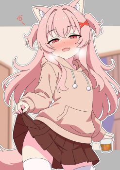 1girl :d alcohol animal_ears beer beer_glass blush brown_hoodie brown_skirt clothes_lift cup dog_ears dog_girl dog_tail drinking_glass drunk fang heavy_breathing highres holding holding_cup hood hood_down hoodie lifting_own_clothes long_hair long_sleeves looking_at_viewer open_mouth original outline pink_eyes pink_hair seductive_smile skin_fang skirt smile squeans tail thighhighs two_side_up white_outline white_thighhighs yuu-chan_(inugamikenoy) yuu-kun_(inugamikenoy)