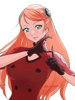 Rule 34 | 1girl, aida rayhunton, artist name, breasts, brown gloves, buttons, cleavage cutout, clothing cutout, double-breasted, gloves, green eyes, gundam, gundam g no reconguista, hair ornament, highres, index finger raised, large breasts, letter pose, long hair, looking at viewer, mitsutsu322, open mouth, orange hair, pink hair, red shirt, red uniform, shirt, short sleeves, smile, solo, swept bangs, teeth, upper body, upper teeth only, white background