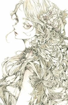 1girl 7na5go flower forehead frilled_shirt frills from_side hair_flower hair_ornament lineart lips long_hair looking_to_the_side monochrome original parted_bangs shirt solo traditional_media upper_body wavy_hair
