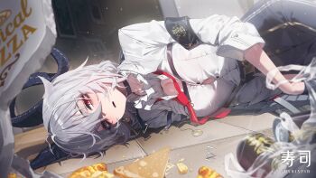 1girl absurdres armband artist_name black_armband black_choker black_gloves black_horns black_pants breasts button_gap can chest_harness choker collared_shirt commentary curled_horns drink_can food fruit gloves hair_between_eyes harness highres horns large_breasts long_hair looking_at_viewer loose_necktie lying multicolored_hair necktie on_side pants parted_lips pineapple pineapple_slice pizza pizza_box red_eyes red_necktie shirt solo spill streaked_hair sushispin white_shirt wuthering_waves zani_(wuthering_waves)