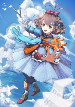 1girl :d ahoge ankle_boots blue_bow blue_dress blue_eyes blue_scarf blue_sky boots bow brown_boots brown_hair buttercat cloud cloudy_sky dress floating flutterpage full_body hair_bow holding holding_rod long_dress looking_at_viewer multiple_hair_bows ocean open_mouth orange_scarf origami outstretched_arm pants pants_under_dress paper_crane pink_bow reverse:1999 rod scarf short_hair sky smile solo two-tone_scarf