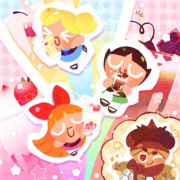 Rule 34 | > <, 3girls, black hair, blonde hair, blossom cookie, blue dress, bow, brown eyes, bubbles cookie, buttercup cookie, chestnut cookie, chocolate, commentary request, cookie run, cup, dress, drink, food, fruit, green dress, hair bow, hat, highres, holding, holding cup, mary janes, multiple girls, orange hair, pink dress, powerpuff girls, shoes, short hair, short twintails, socks, strawberry, thai commentary, twintails, white socks, yummybunny777