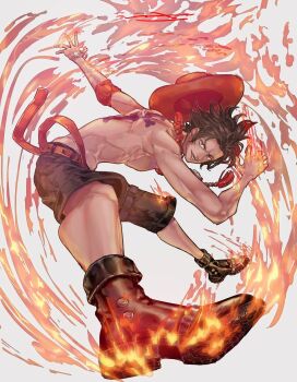 Rule 34 | 1boy, back tattoo, belt, black hair, black shorts, boots, bracelet, commentary, elbow pads, fire, freckles, full body, hat, highres, jewelry, log pose, male focus, necklace, one piece, orange belt, orange hat, pearl necklace, portgas d. ace, short hair, shorts, single elbow pad, smile, solo, symbol-only commentary, tattoo, topless male, yuzuru (kasou)