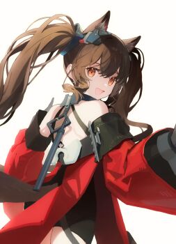 1girl :d angelina_(arknights) animal_ear_fluff animal_ears arknights arknights:_endfield azure_silan back backless_dress backless_outfit bare_shoulders black_dress brown_hair coat commentary_request diamond-shaped_pupils diamond_(shape) dress extra_ears fox_ears fox_girl from_behind gilberta_(arknights) highres long_sleeves looking_at_viewer looking_back off_shoulder open_clothes open_coat open_mouth orange_eyes red_coat simple_background smile solo symbol-shaped_pupils twintails white_background wide_sleeves