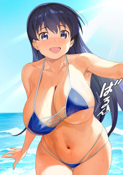 1girl :d a1_(initial-g) arato_nagi armpits bikini black_hair blue_bikini blue_sky breasts cleavage commentary day highres huge_breasts long_hair navel ocean open_mouth ruri_no_houseki sky smile solo standing stomach swimsuit thick_thighs thighs tongue translation_request very_long_hair